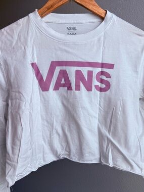 Vans White Cropped Long Sleeve Tee with Pink Logo